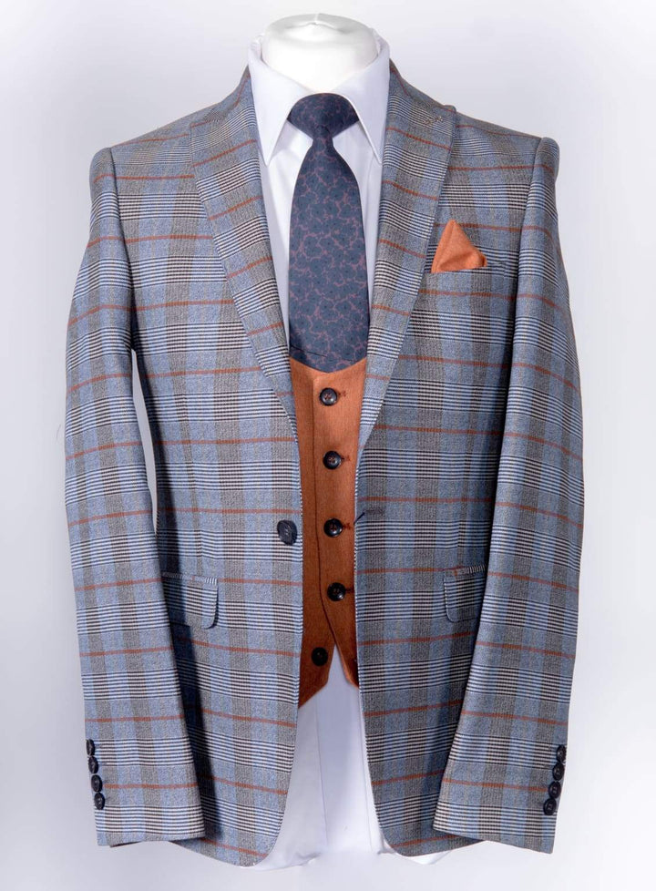 Andrew Mens 3 Piece Blue Orange Tweed Check Style Slim Fit Suit - Suit & Tailoring