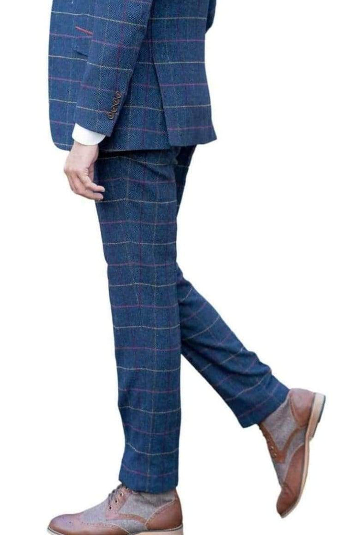 Skopes Doyle Navy Herringbone Check Tweed Tapered Trousers - Suit & Tailoring