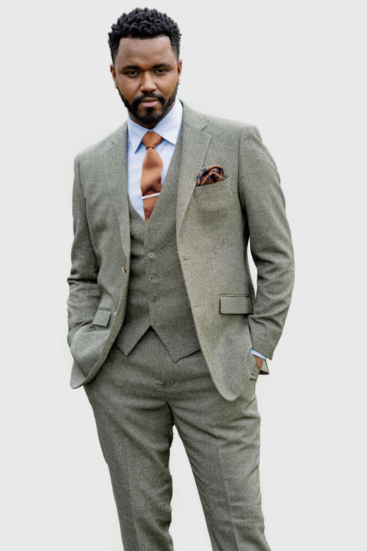 Skopes Jude Sage Green Herringbone Tweed 3 Piece Suit - Suits