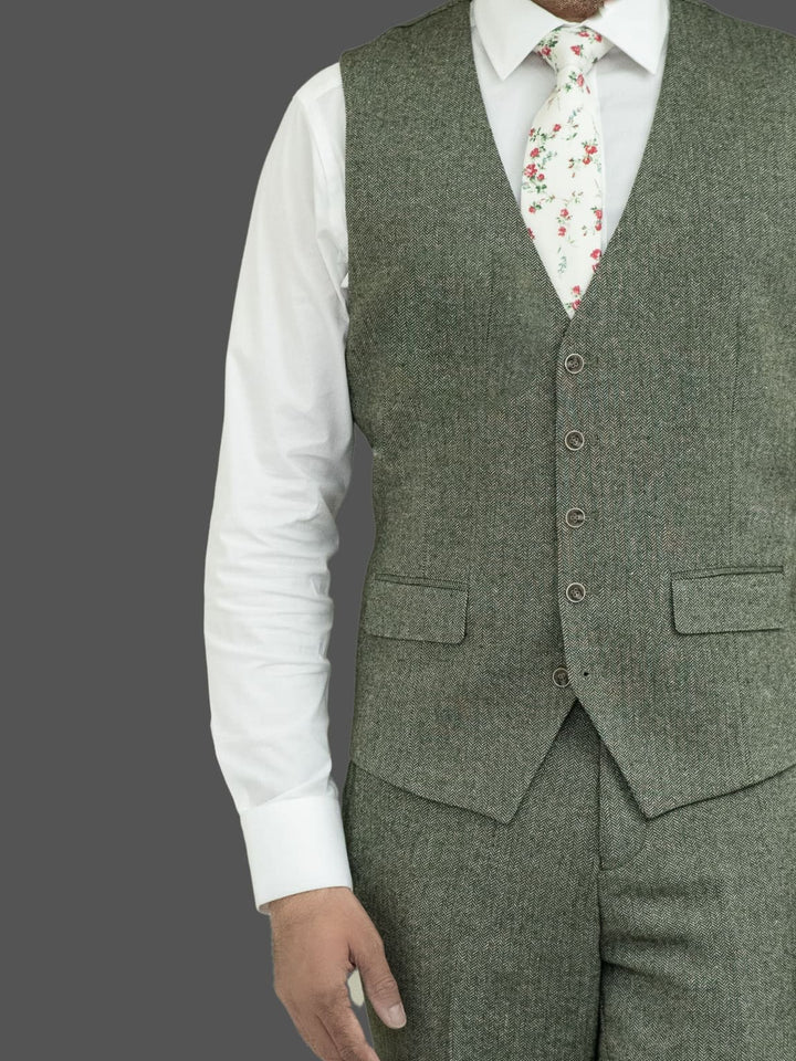 Skopes Jude Sage Green Herringbone Tweed Waistcoat - 36R - WAISTCOATS
