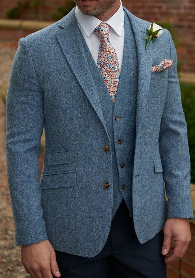 Torre Albert Light Blue 3 Piece Pure British Wool Tweed Suit - Suit & Tailoring