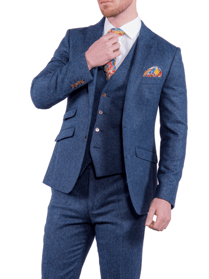 Torre Blue 100% British Wool Herringbone Mens Three Piece Tweed Suit - Suit & Tailoring