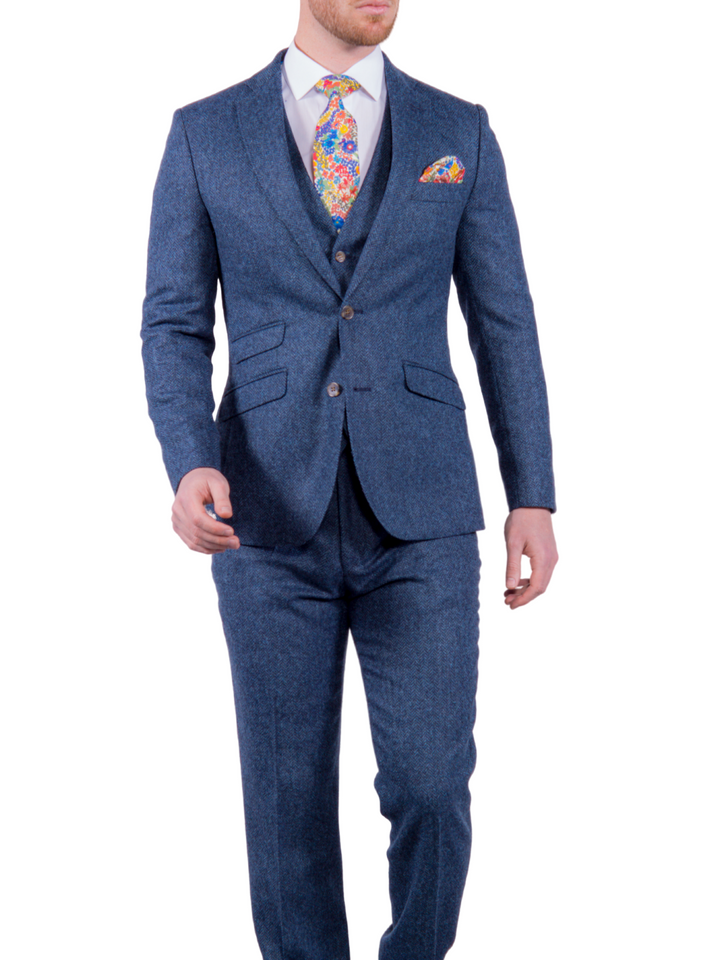 Torre Blue 100% British Wool Herringbone Mens Three Piece Tweed Suit - Suit & Tailoring