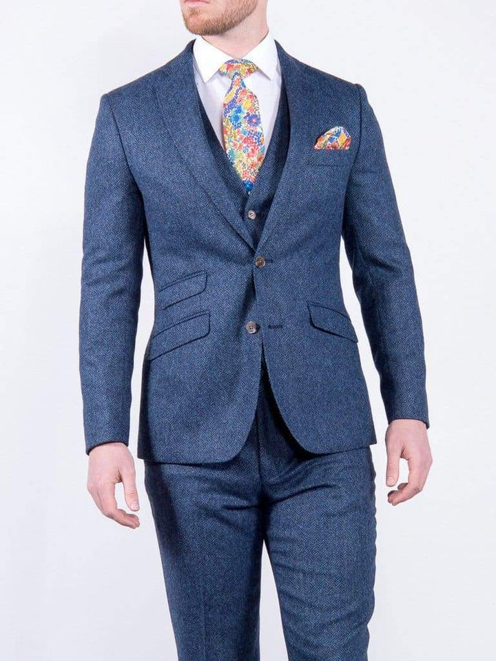 Torre Blue 100% British Wool Herringbone Mens Tweed Suit Jacket - Suit & Tailoring
