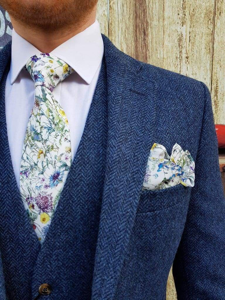 Torre Blue 100% British Wool Herringbone Mens Tweed Suit Jacket - 38S - Suit & Tailoring