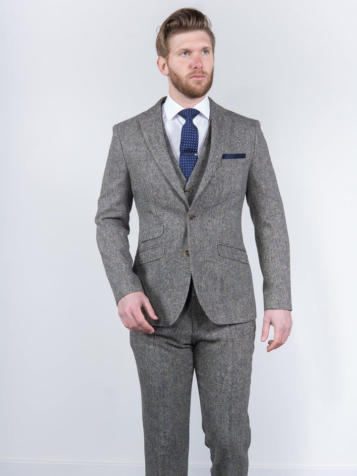 Torre Mens 3 Piece Grey 100% Wool Donegal Tweed Suit - Suit & Tailoring