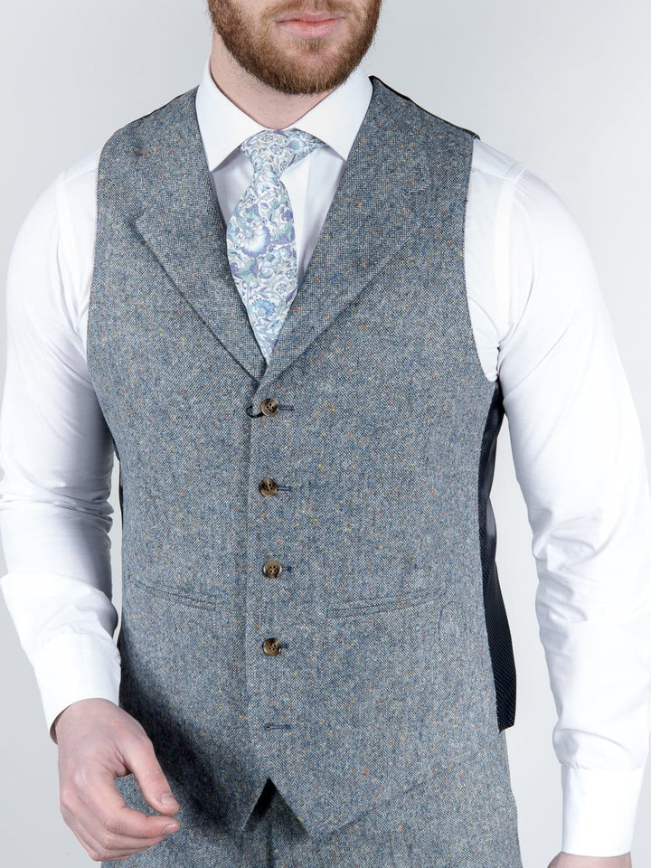 Torre Mens Blue 100% Wool Donegal Tweed Waistcoat - Suit & Tailoring