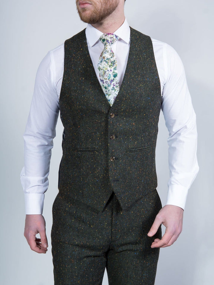 Torre Moss Mens Green 100% Wool Donegal Tweed Waistcoat - Suit & Tailoring